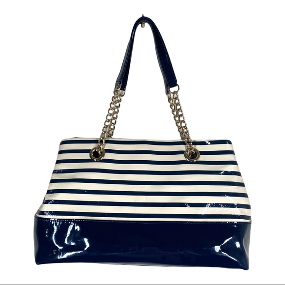 Kate Spade Montrose Elena White and Navy Stripe Patent Leather Chain Purse - Picture 2 of 13